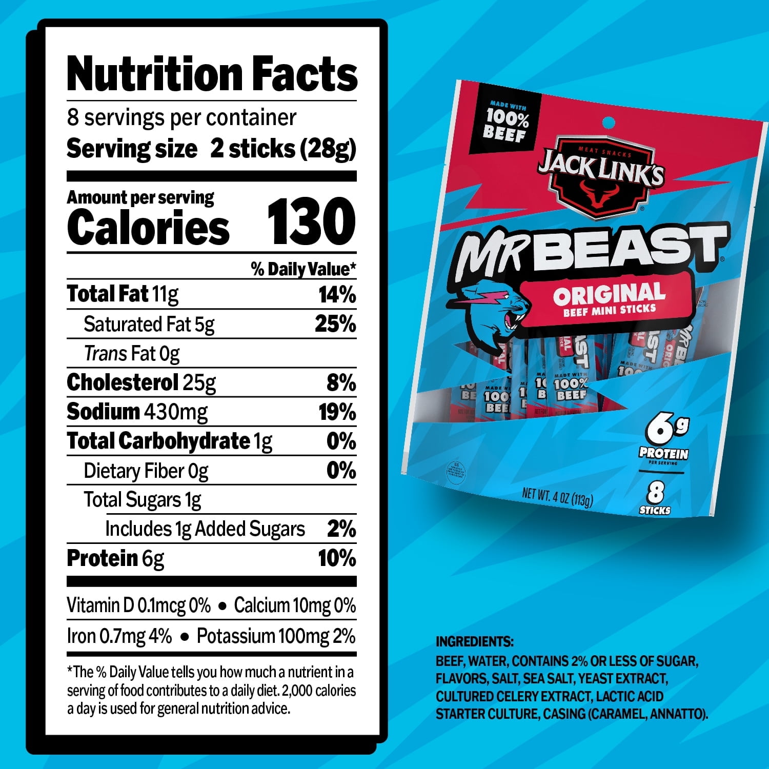 Jack Link’s x MrBeast Original Mini Beef Sticks, 4 ounce, 8 count of .5 ounce Mini Meat Sticks
