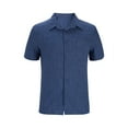 thumbnail image 3 of ohmzyzo Men's Linen Shirts Casual Button Down Business Tees Short Sleeve Beach T-Shirts Lapel Vacation Textured Outwear Tees with Pocket Dark Blue L, 3 of 5