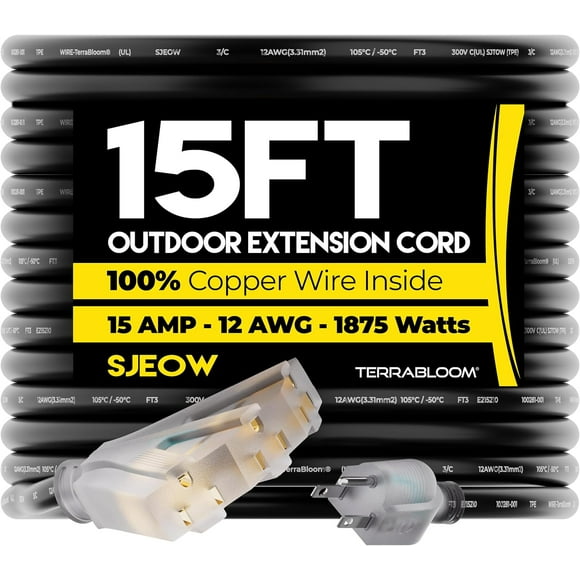 SHIQI-15 FT 12/3 Outdoor Extension Cord - Rubber, Flexible, Triple Outlet, Black Wire with Live Power Light Indicator. 15 Amp