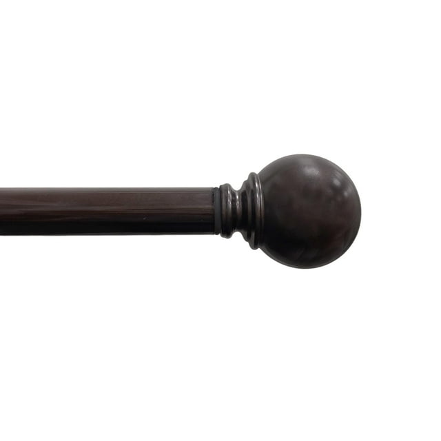Adjustable 1-inch bronze curtain rod with a spherical finial, extending from 30 to 84 inches.