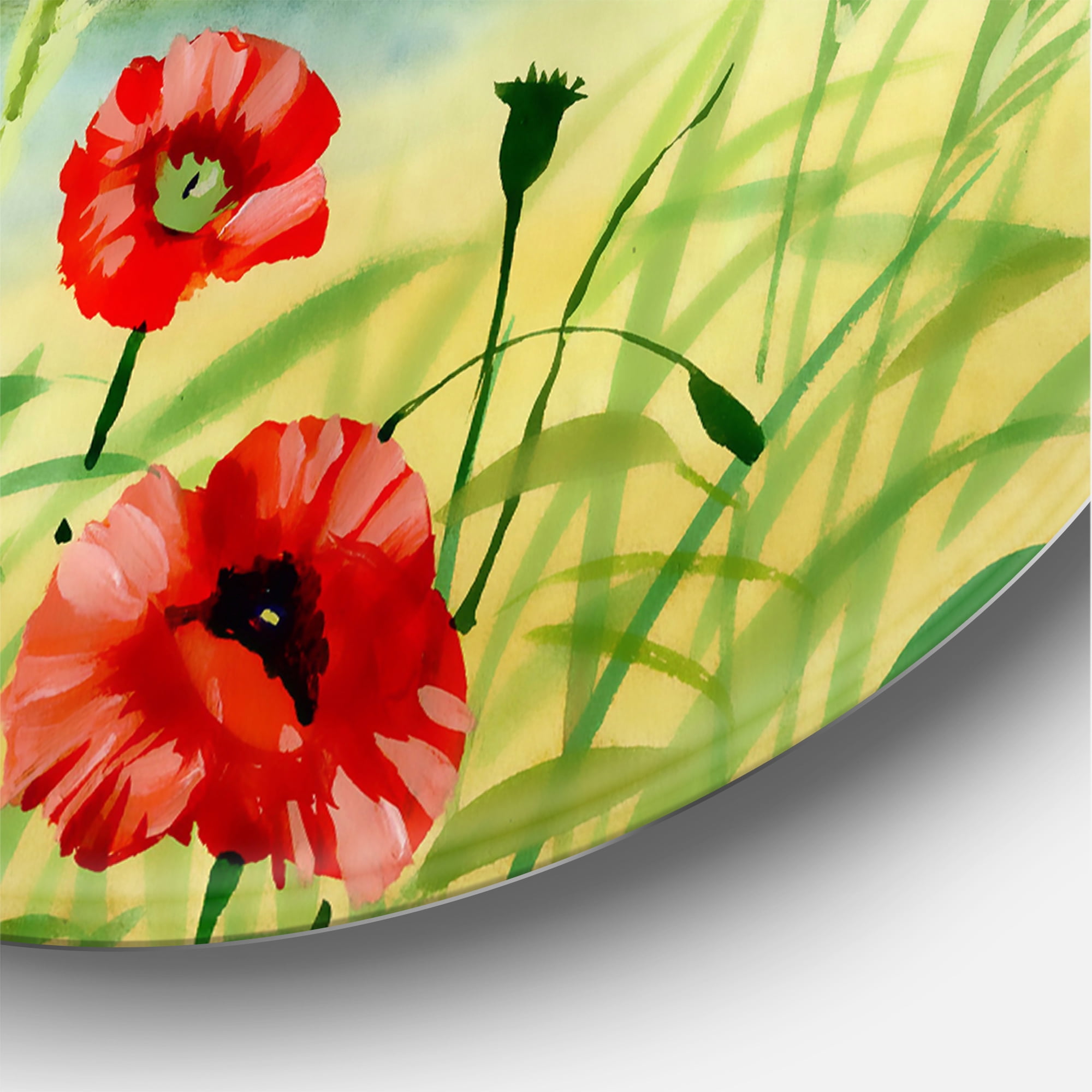 Designart 'Red Tulips On The Bank Near A River Mountain' Lake House Circle Metal Wall Art 29x29 - Disc of 29