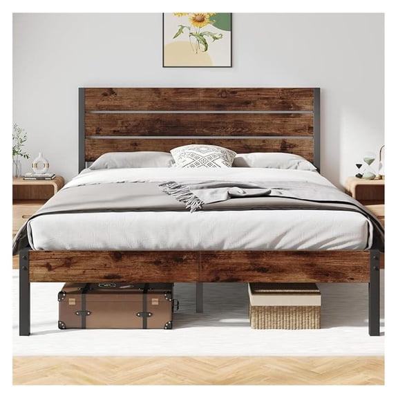 Queen Bed Frame with Headboard and Footboard, with Under Bed Storage, All-Metal Support System, No Box Spring Needed, Easy Assembly,Rustic Brown