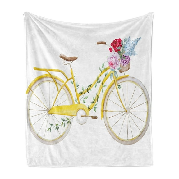 Vintage Soft Flannel Fleece Throw Blanket, Watercolor Style Effect Bicycle Leaves and Flowers in the Basket Pattern, Cozy Plush for Indoor and Outdoor Use, 70" x 90", White and Yellow, by Ambesonne