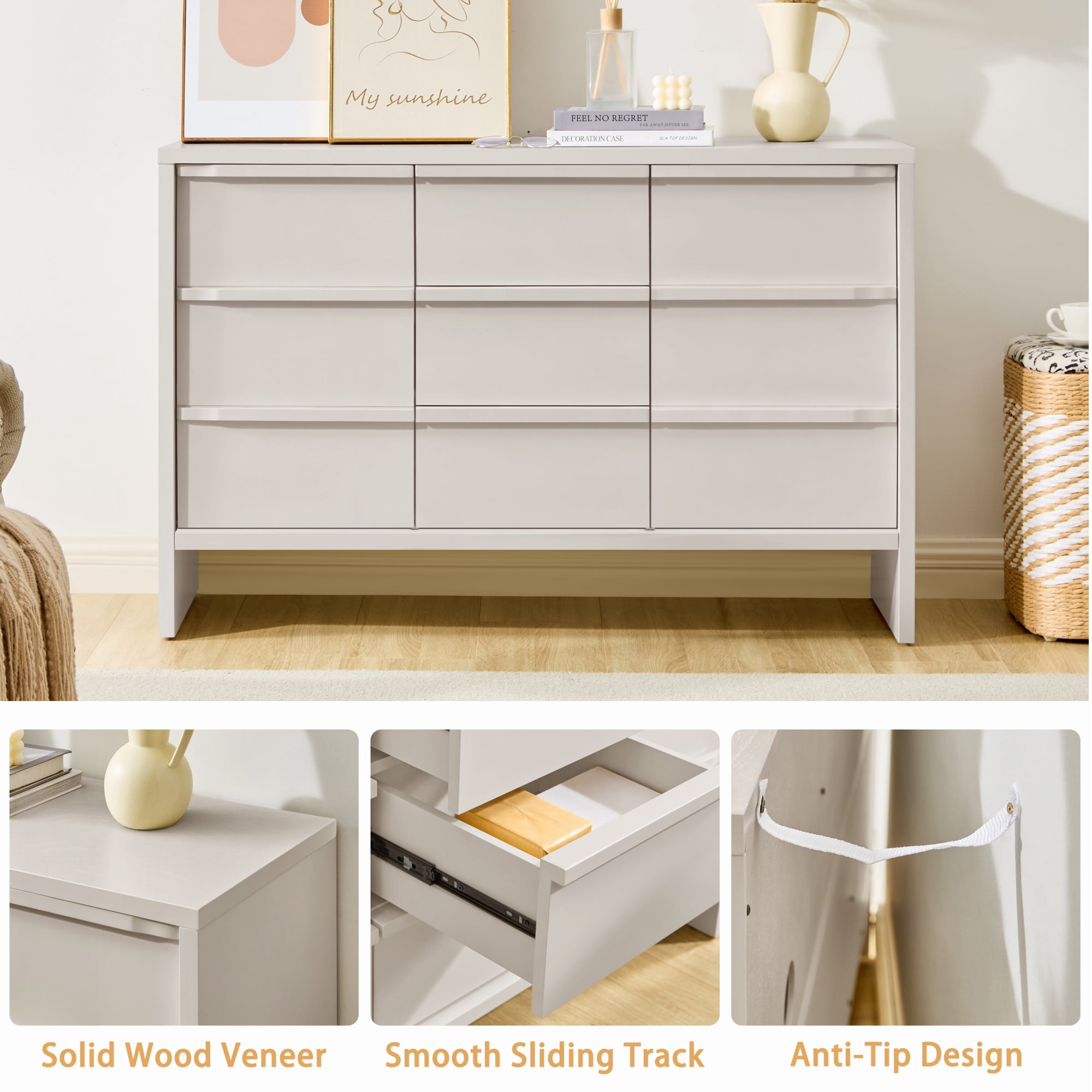 Leumius 47.3" Modern Sideboard Buffet Cabinet, Accent Console Table with 2 Doors, 3 Drawers and Solid Wood Handles, Multipurpose Storage Cabinet for Kitchen, Dining Room and Living Room White