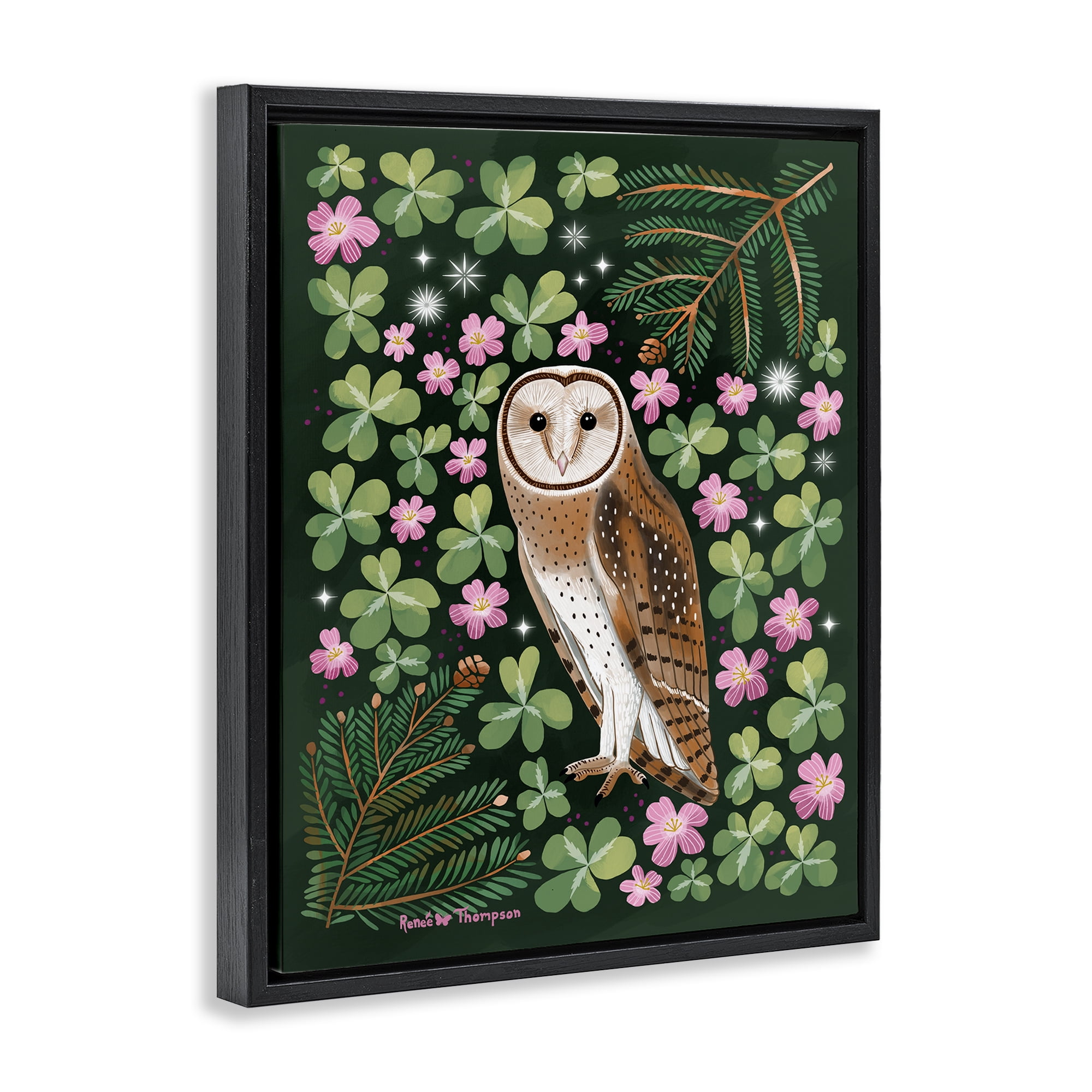 Stupell Industries Barn Owl & Botanicals Animals Painting Black Floater Framed Canvas Art Print Wall Art, 17 x 21