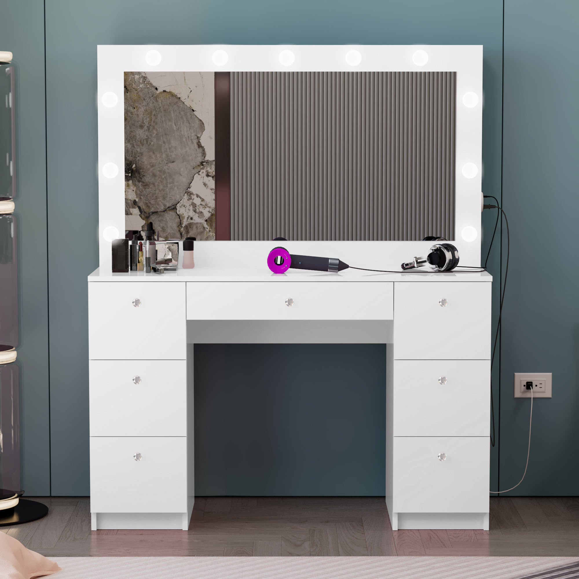 Ember Interiors Tammy White Vanity Desk with Mirror, Lights, Bluetooth Speakers & Storage