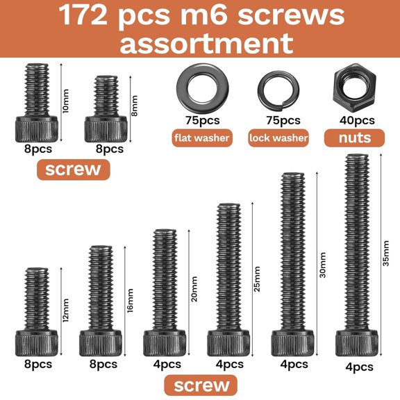 GHRTGR-172 Pcs M6 Screws Assortment Kit, M6x 8/10/12/16/20/25/30/35mm M6 Bolts Kit 12.9 Alloy Steel Nuts and Bolts Assortment Kit Black Zinc Plated Hex Socket Head Screws Nuts Bolts and Washers Set