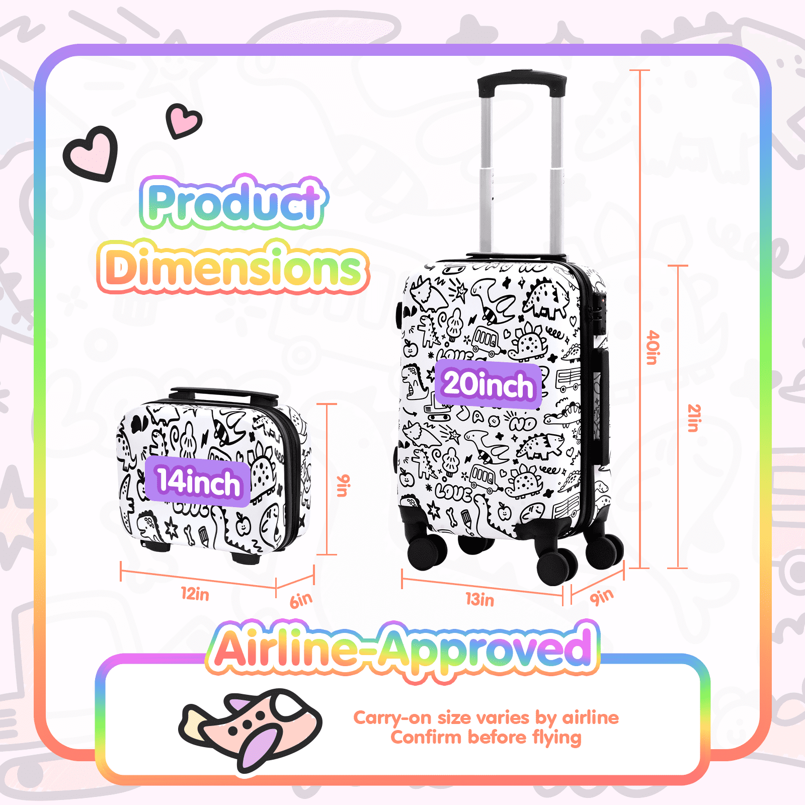 Advwin Kids Carry-On Luggage Set, 14" + 20" Set of 2 Travel Suitcase with DIY Coloring Design, TSA Lock & Spinner Wheels, Lightweight Hardshell Rolling Carry On Suitcase for Children