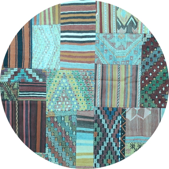 Ahgly Company Machine Washable Indoor Round Patchwork Light Blue Transitional Area Rugs, 5' Round