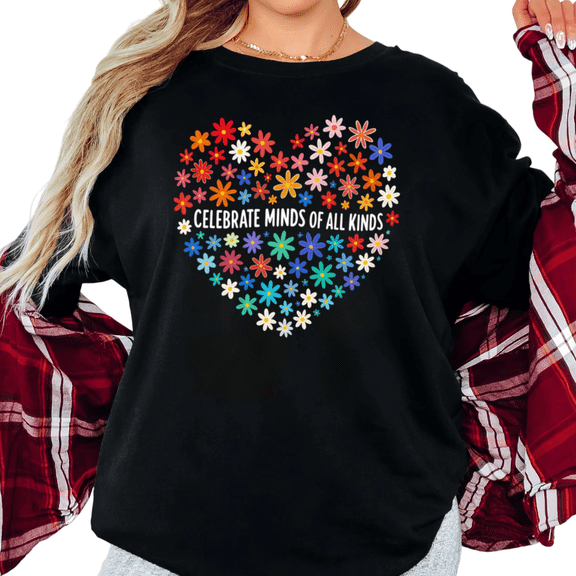 UNISHE Women's "Celebrate Minds Of All Kinds" Floral Heart Graphic Short Sleeve T-Shirt Casual Cotton Crewneck Top