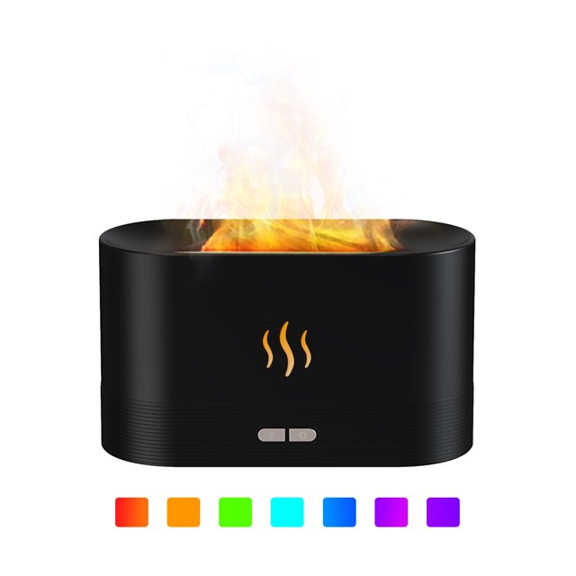 Humidificador de niebla de llama de simulación con luz nocturna de 7 colores Difusor de aceite esenc CACAGOO Negro