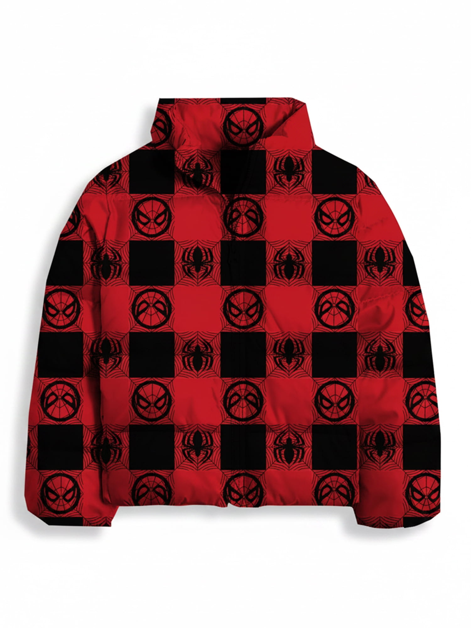 Boys’ Spider-Man Allover Logo Print Puffer Jacket, Red, Sizes XS–XL