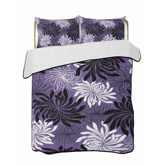 Quilts Queen Size Bedding Set, Purple Black Flowers Lightweight Quilted Comforter, Modern Abstract Blooms Floral Soft Reversible Bedspread Coverlet with Pillow Covers for All Season, 90" x 96"