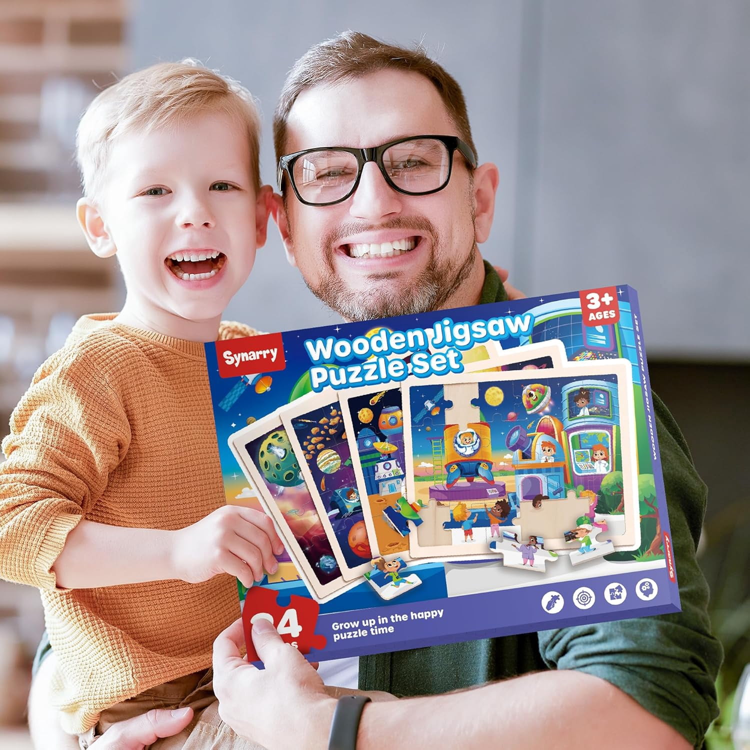 SYNARRY Large Space Planets Solar System Wooden Puzzles for Kids Ages 3-8, 4-in-1 Jigsaw Puzzle Set, 24 Pieces Each, FSC Certified Educational Gifts for Boys & Girls Ages 3 4 5 6 7 8