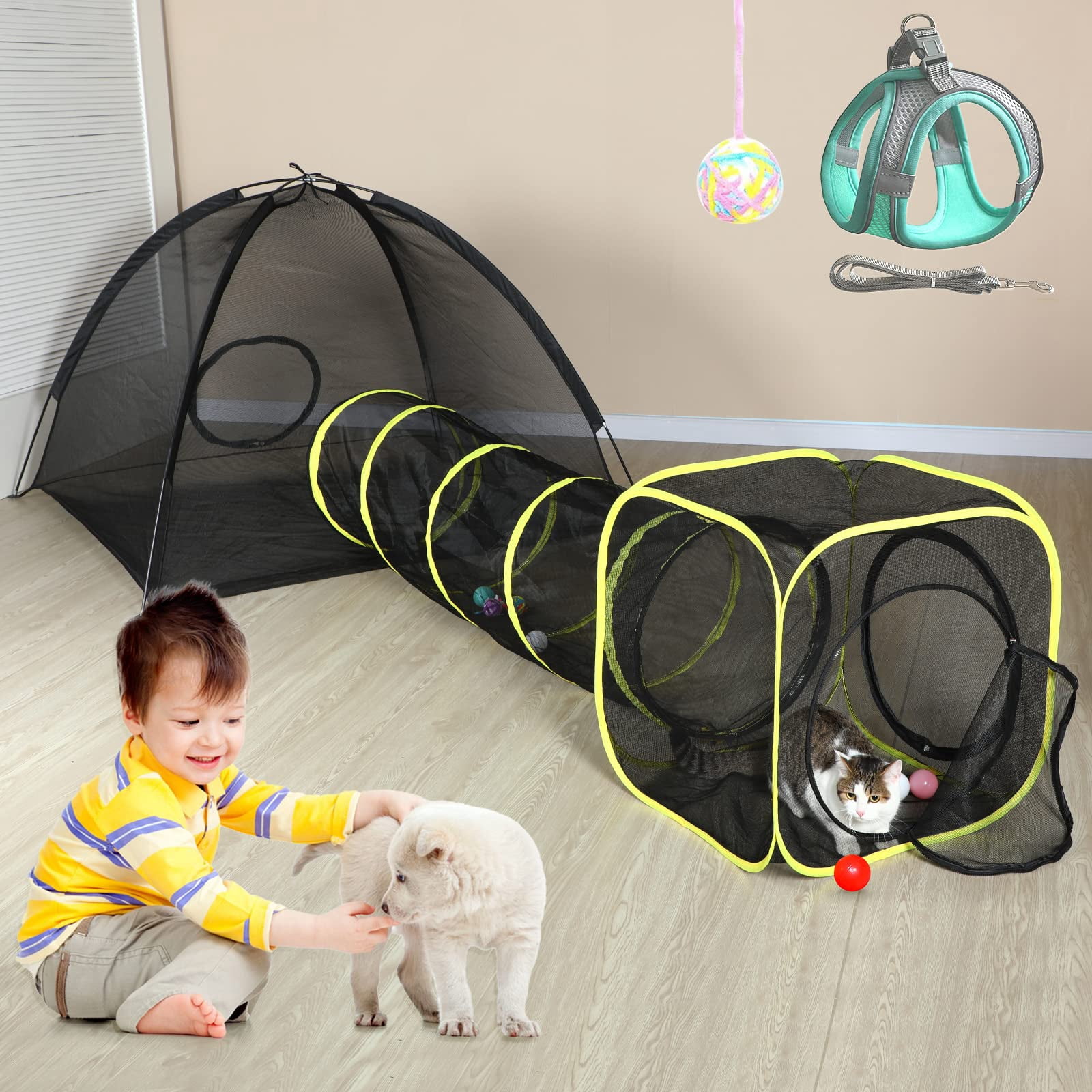 Outdoor Cat Enclosures For Indoor  Portable Mesh Tent Pet Tunnel Playhouse With Adjustable Harness And Leash Walking Colorful Tease Ball Small Animals
