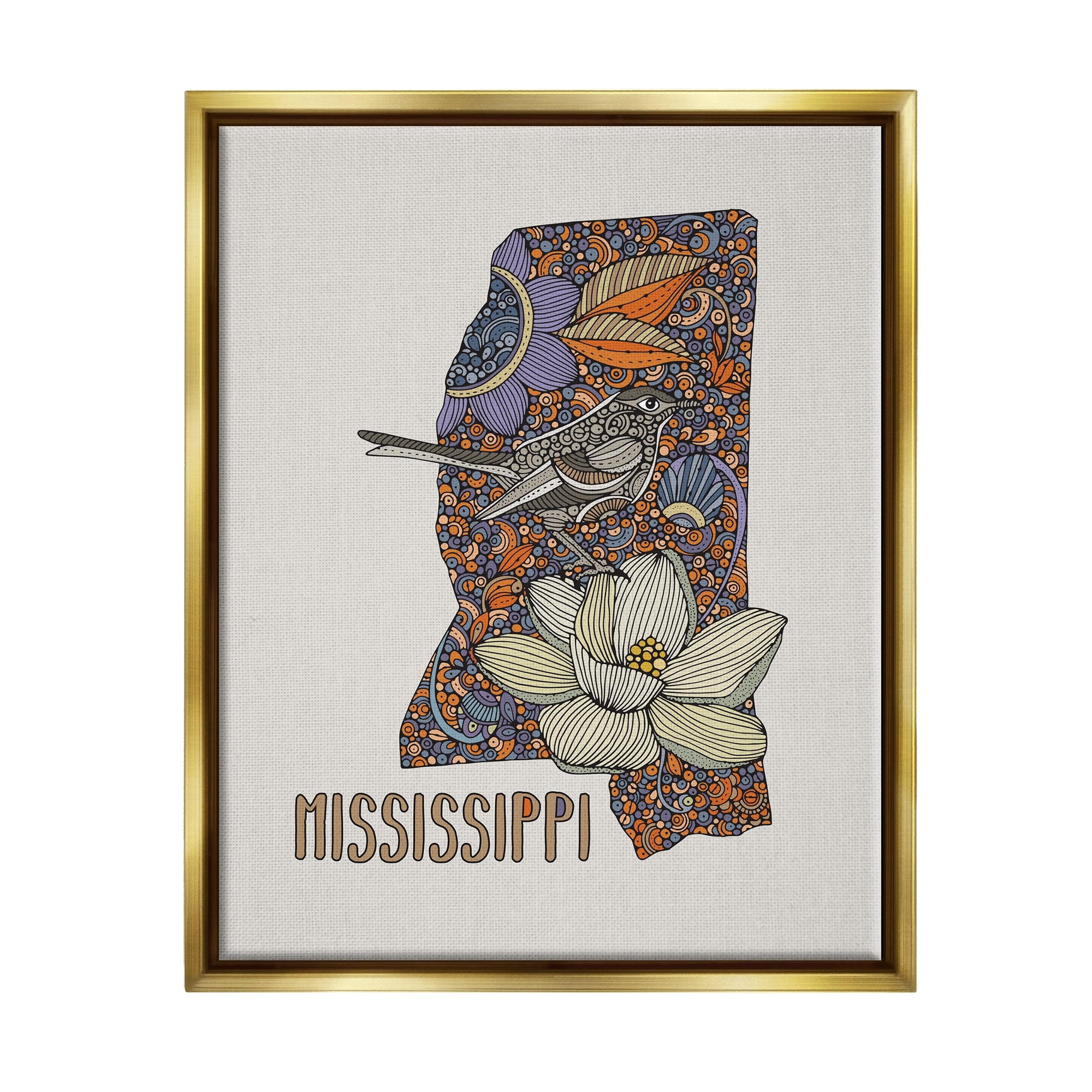 Stupell Industries Detailed Mississippi Bird & Flower Pattern Design Graphic Art Metallic Gold Floating Framed Canvas Print Wall Art, Design by Valentina Harper