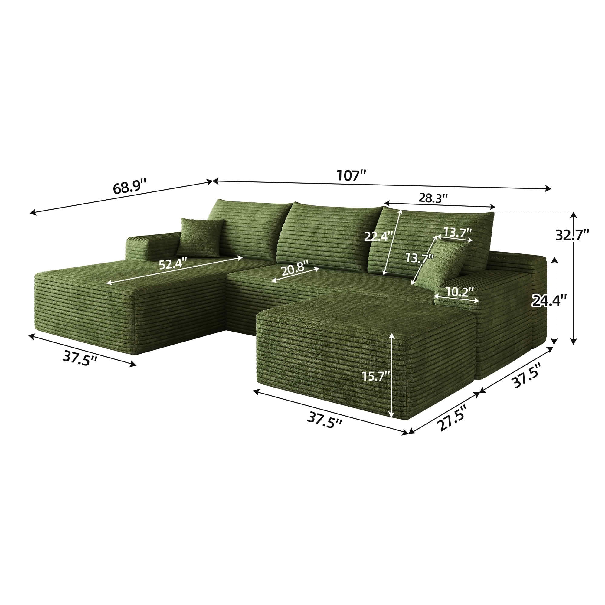 MAYEERTY 107 Inch L‑Shape Cloud Sectional Couch with Chaise, Modern Modular Deep‑Seat Sofa, Plush Corduroy Upholstered Couch, No Assembly Required for Living Room Bedroom Apartment