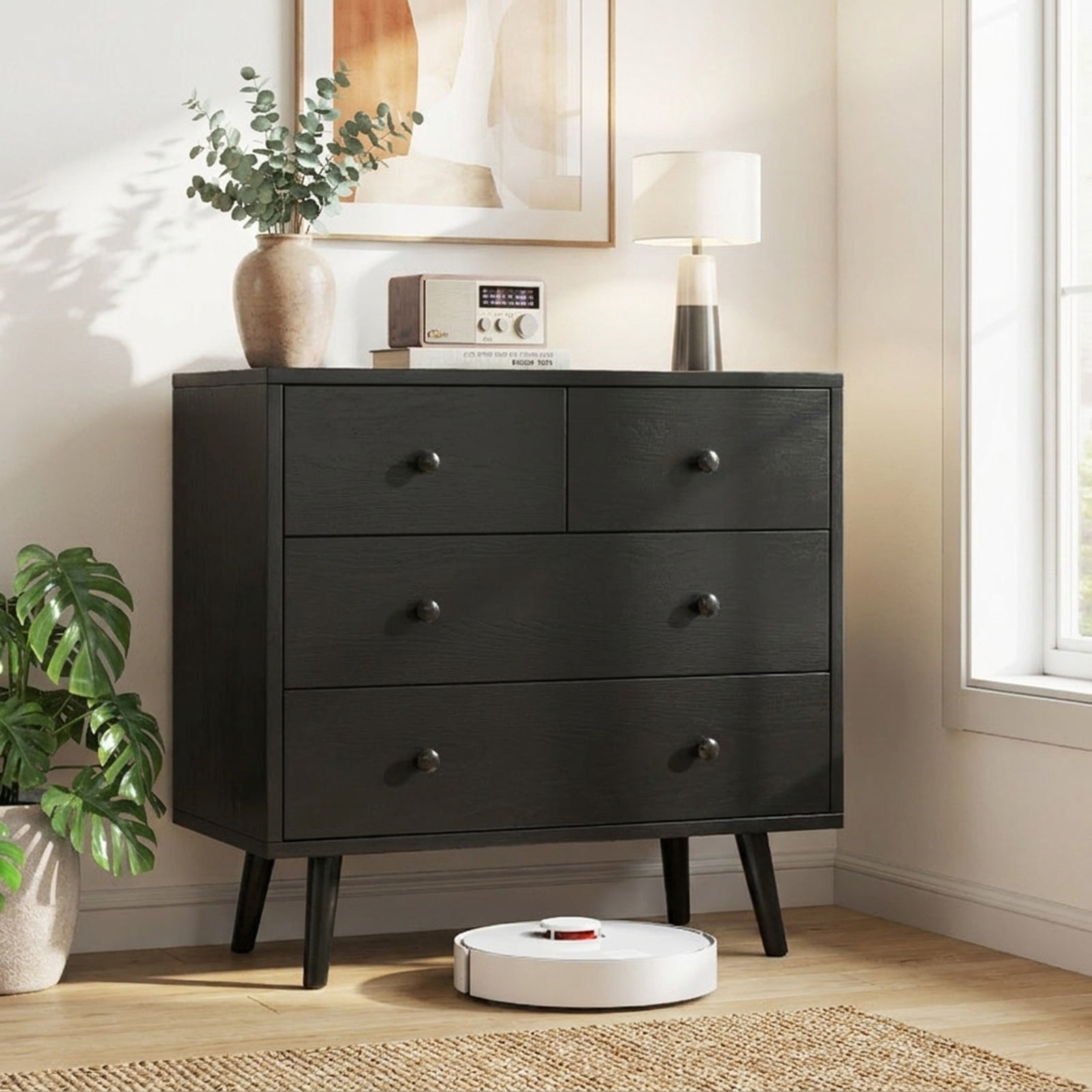 Furnibear Wide Wooden Dresser with 4 Drawers for Bedroom Living Room for Bedroom Closet Living Room Nursery Clothes Storage, Black