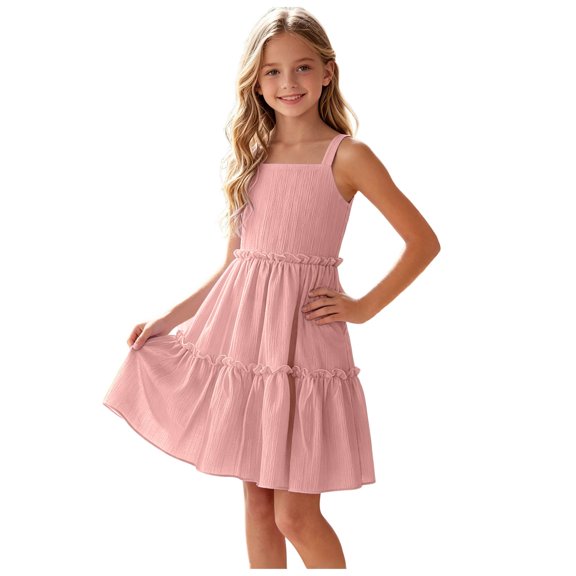 ASEIDFNSA Girls Sleeveless Ruffle Dress with Tiered Hem Smocked Bodice and A Line Fit (Pink,9-10 Years)