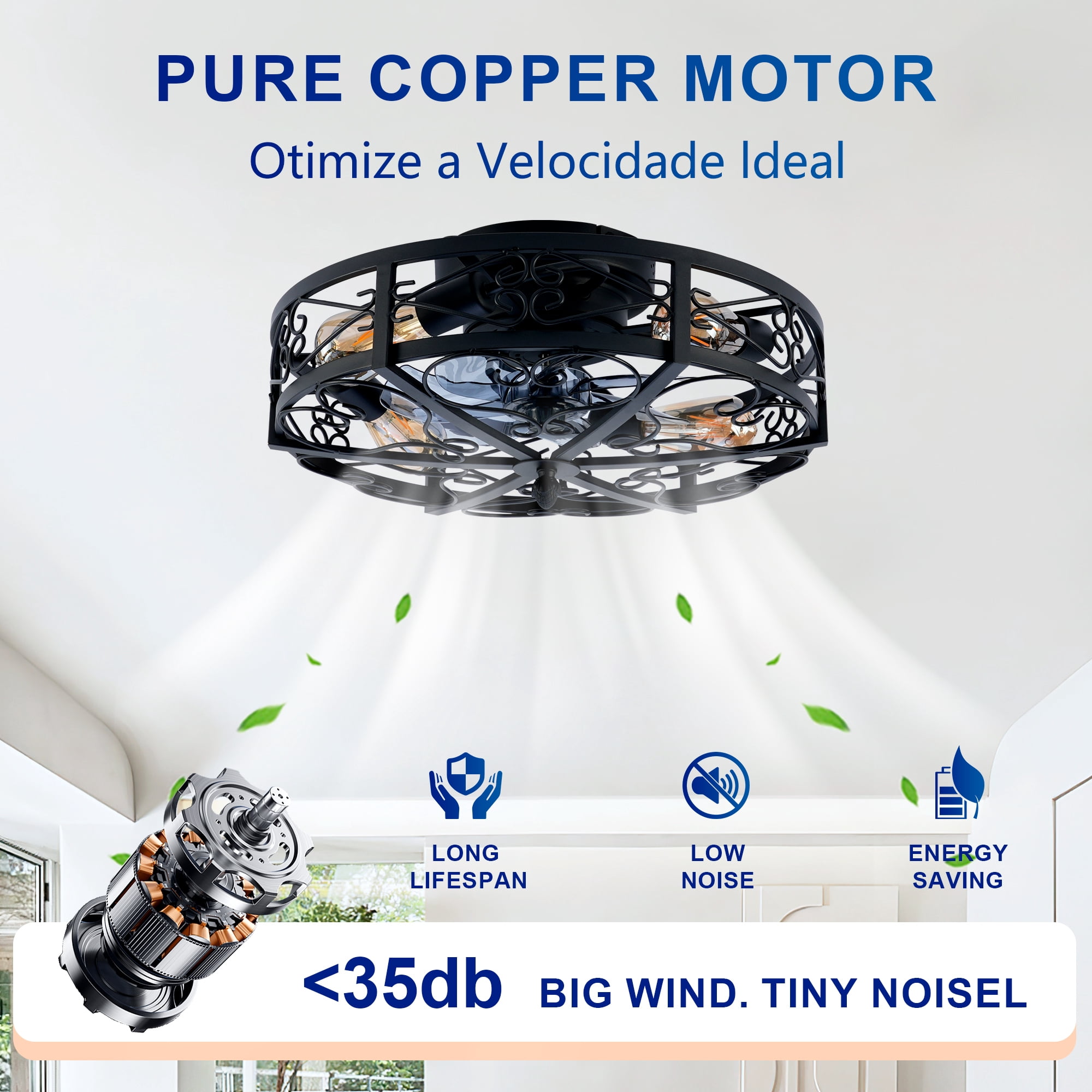 Leumius 20" Black Flush Mount Ceiling Fan with Light, Reversible Motor and DC Remote Control,6 Speed Ceiling Fan,Timing for Living Room Bedroom Dining Room(NOT Included Bulbs)