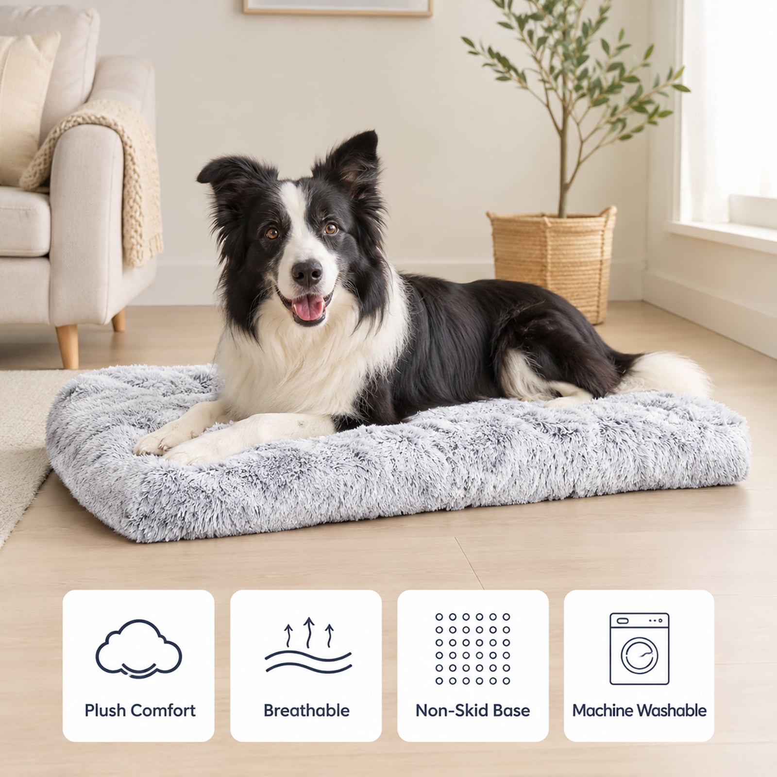 Juyafio Large Plush Dog Pet Bed,Washable Dog mat with Non-Slip Bottom for Large and Medium Dogs, 38"x26" Gray Anti Anxiety Dog Bed