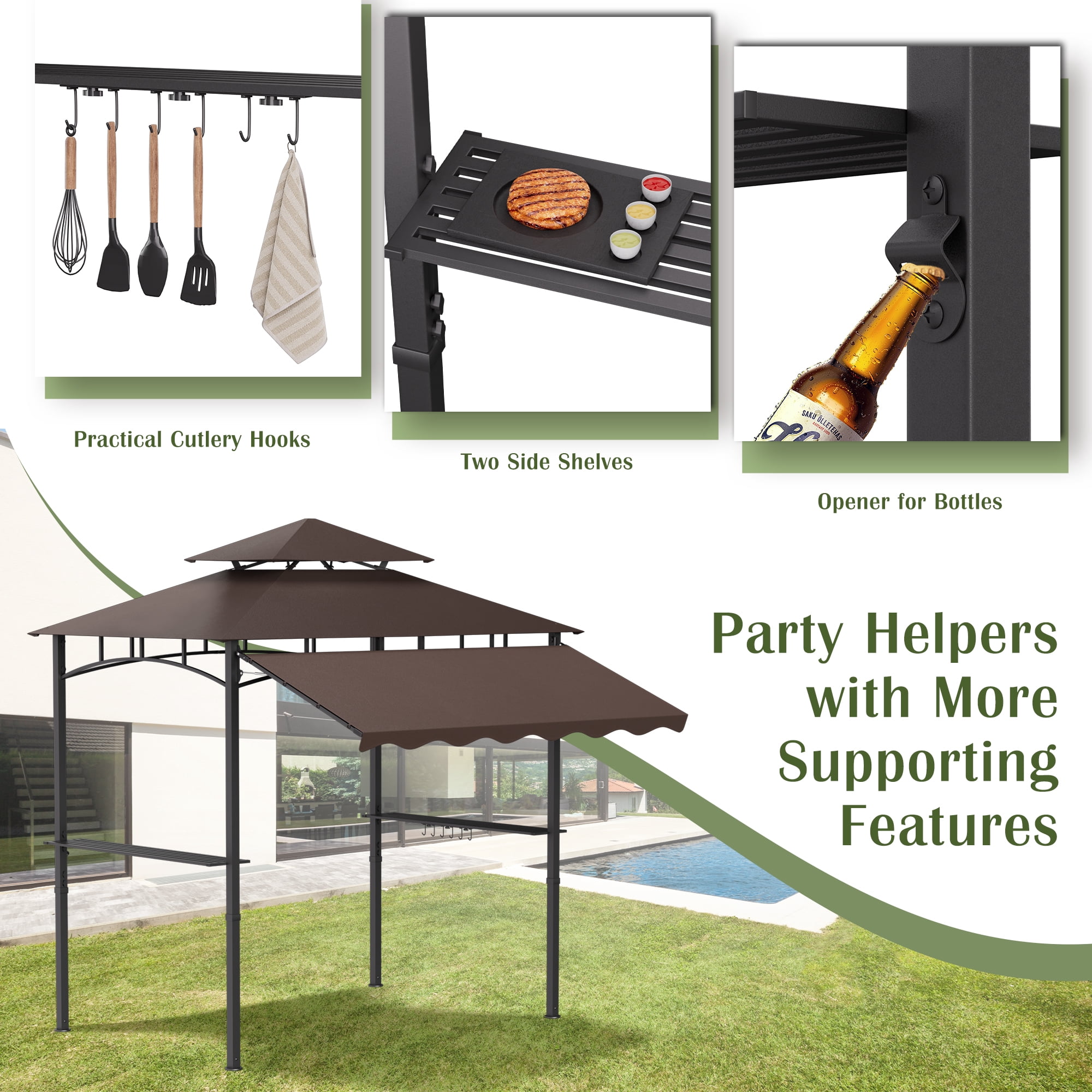 Haverchair 8x8 FT Grill Gazebo with Side Awning, 2-Tier Barbecue Canopy Shelter with 2 Shelves, 7 Hanging Hooks, Bottle Opener, Outdoor Grilling Awnings Tent for Backyard Garden Poolside