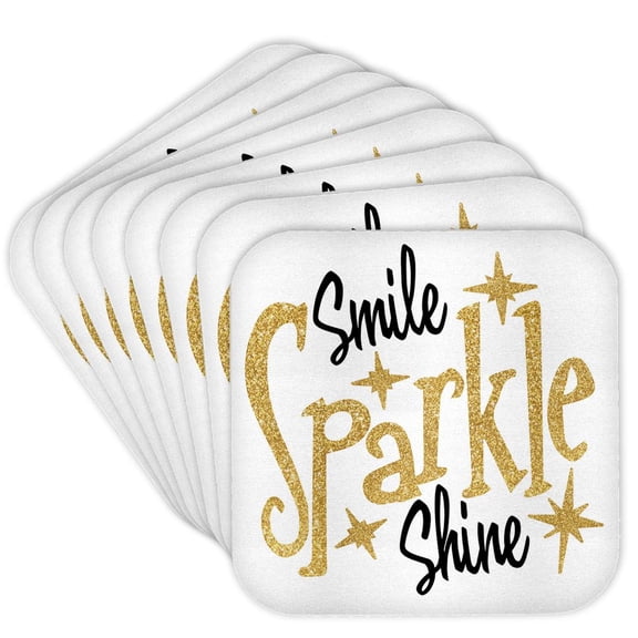 3dRose, Smile Sparkle Shine Text with Stars in Black and Gold Colors on White Background, set of 8 Coasters - Soft