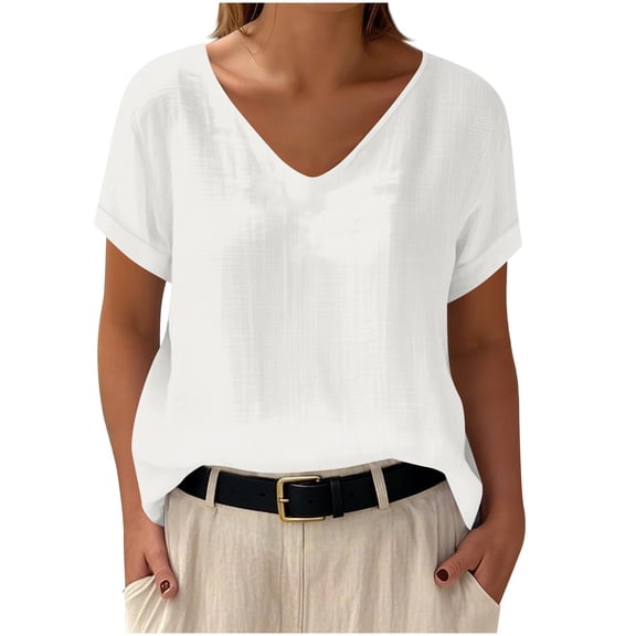 UAMVSH Womens Cotton Linen T Shirts V Neck Short Sleeve Tunic Tops Oversized Casual Summer Basic Tees for Beach Vacation