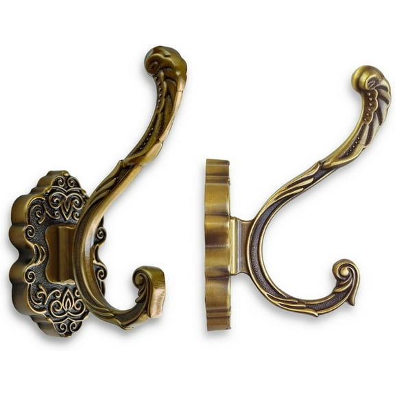 ABPETE Vintage Brass Coat Hooks Wall Mount - 2 Pack Heavy Duty Rustproof Decor for Hanging Towels, Jackets, Hats - Easy Install Kit for Bathroom, Entryway, Mudroom & Bedroom