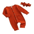 thumbnail image 2 of 2Pcs Baby Girls Outfit Solid Color Single-breasted Long Sleeve Romper with Pocket Headband Fall Outfits Set, 2 of 6
