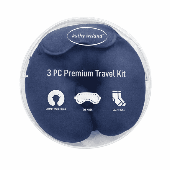 Kathy Ireland® 3-Piece Memory Foam Travel Neck Pillow Set with eye mask and cozy socks - Navy