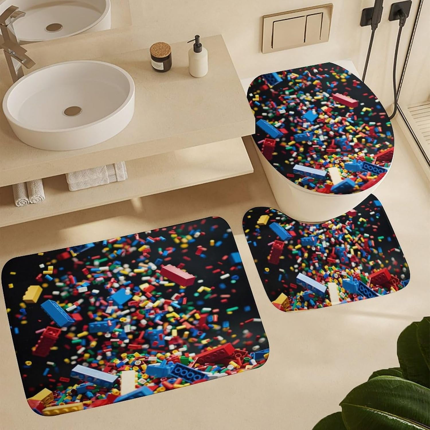 4Pcs Colorful Building Block Brick Shower Curtain Sets with Rugs, Toilet Lid Cover and Bath Mat, Geometric Bathroom Shower Curtains Set with 12 Hooks