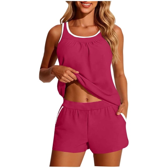 Afelkas Women's 2 Piece Summer Outfit Sleeveless Scoop Neck Tank and Shorts Set Contrast Binding Casual Lounge Suit Sporty PJs Hot Pink,XL