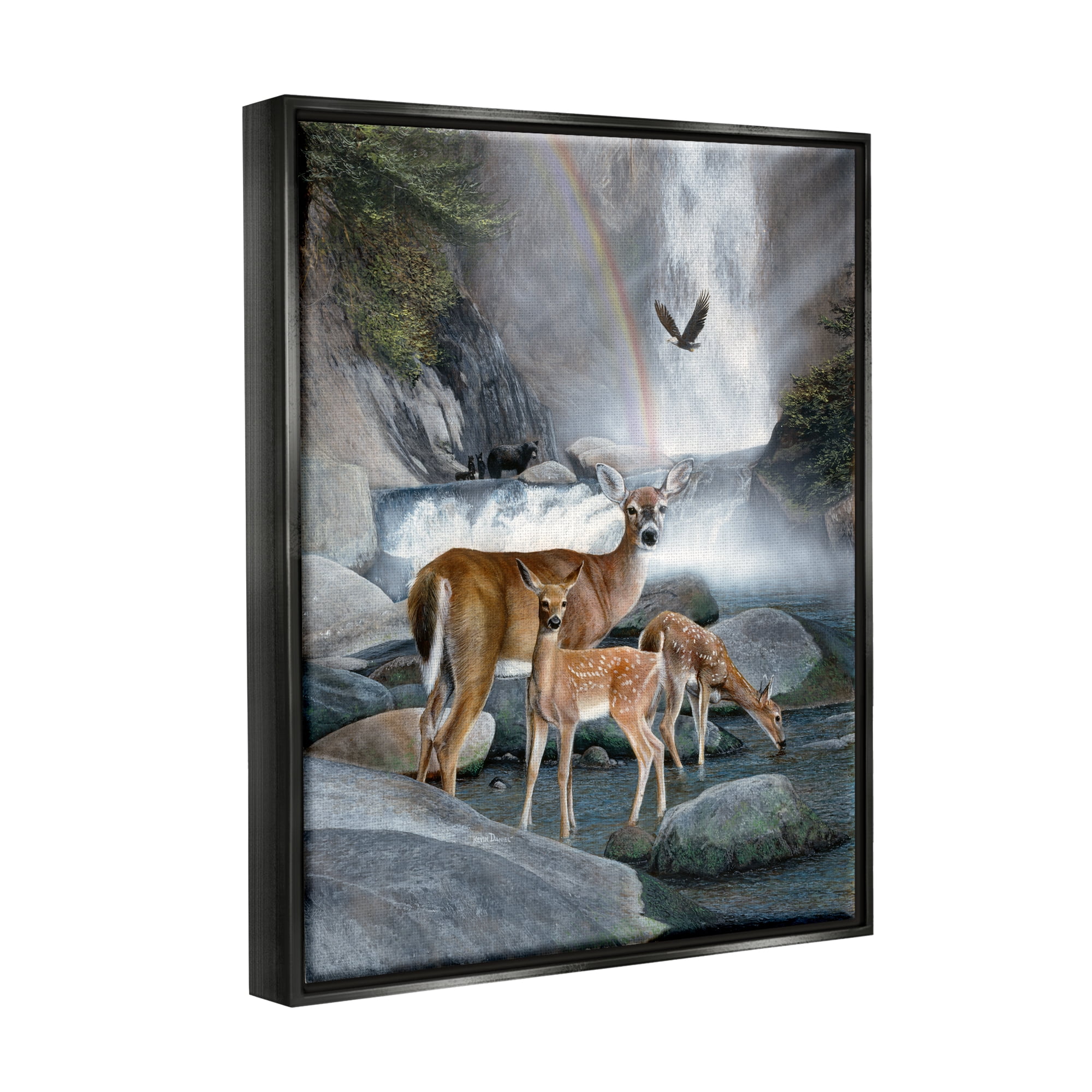 Stupell Industries Deer Family by Waterfall Animals & Insects Painting Black Floater Framed Art Print Wall Art, 25 x 31