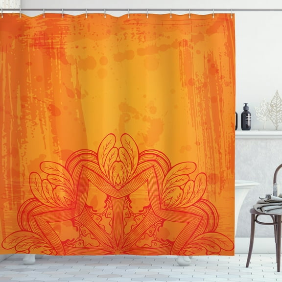 Mandala Shower Curtain, Feather Leaves Illustration with Triangular Aspect Strokes, Fabric Bathroom Set with Hooks, 69"WX70"L, Marigold Vermillion Pale Vermillion, by Ambesonne