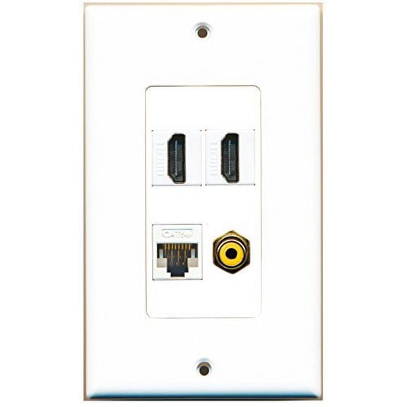 RiteAV - 2 Port HDMI 1 Port RCA Yellow 1 Port Cat5e Ethernet White Wall Plate Decorative