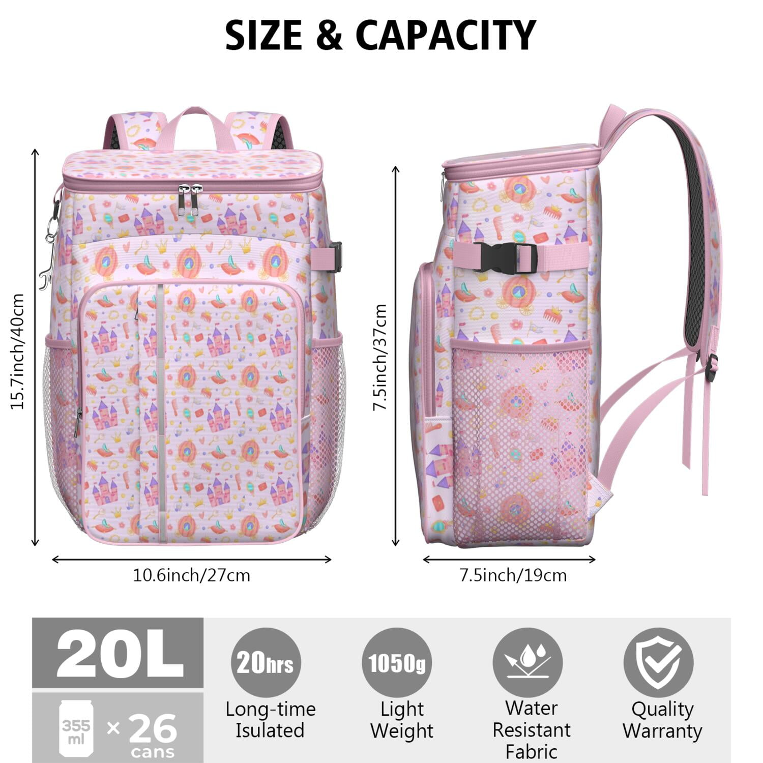 Travel Cooler Bag - Classic Princess Pattern Camping Beer Cooler Backpack with Bottle Opener- Waterproof Insulated Picnic Backpacks - Cooler Bag for Beach
