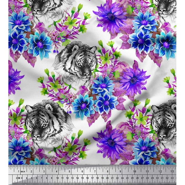 Soimoi Purple Poly Georgette Fabric Tiger Face,Leaves & Floral Decor Fabric Printed BTY 52 Inch Wide