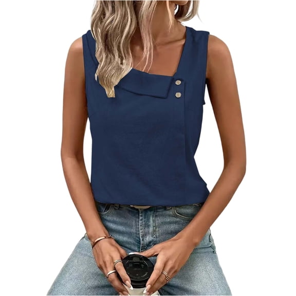 WULMLEO Women's Asymmetrical Neckline, Sleeveless, Button-up Top T-Shirt Navy L
