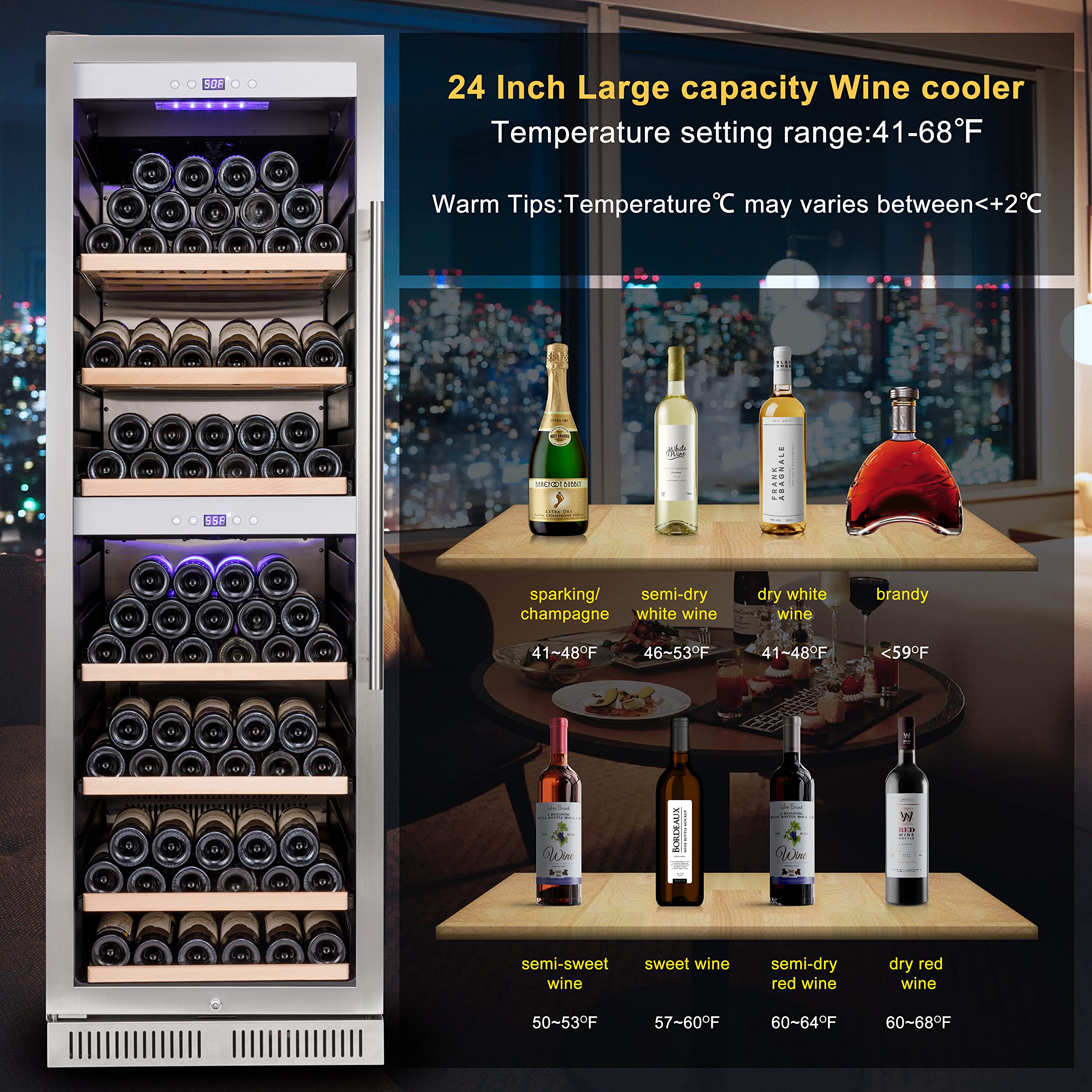 176 Bottles Wine Fridge Builtin, 24 Inch Freestanding Wine Cooler
