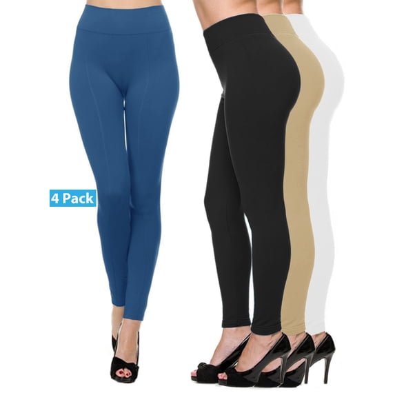 4 Pack Women's Warm Winter Fleece Lined wide elastic waistband Thermal Leggings with Flattering Front Seam