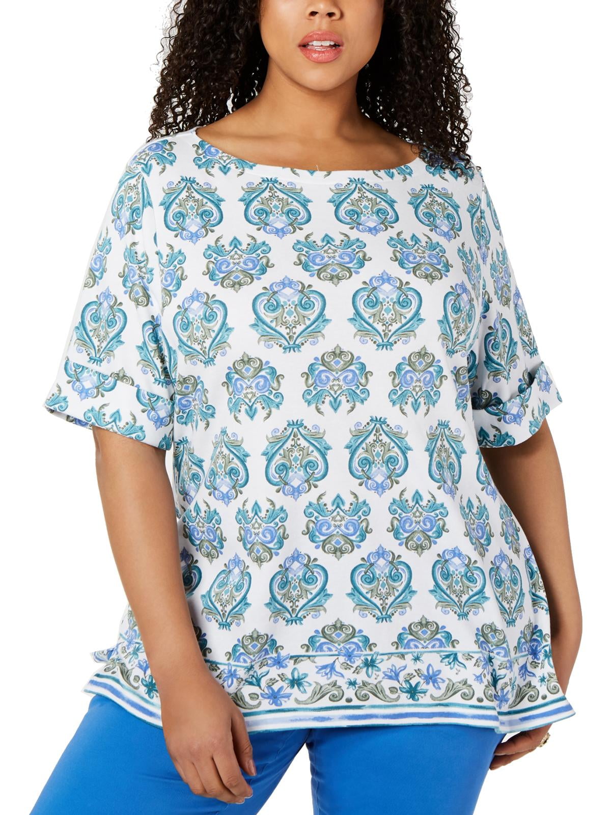 Karen Scott Womens Plus Printed Boat Neck Pullover Top