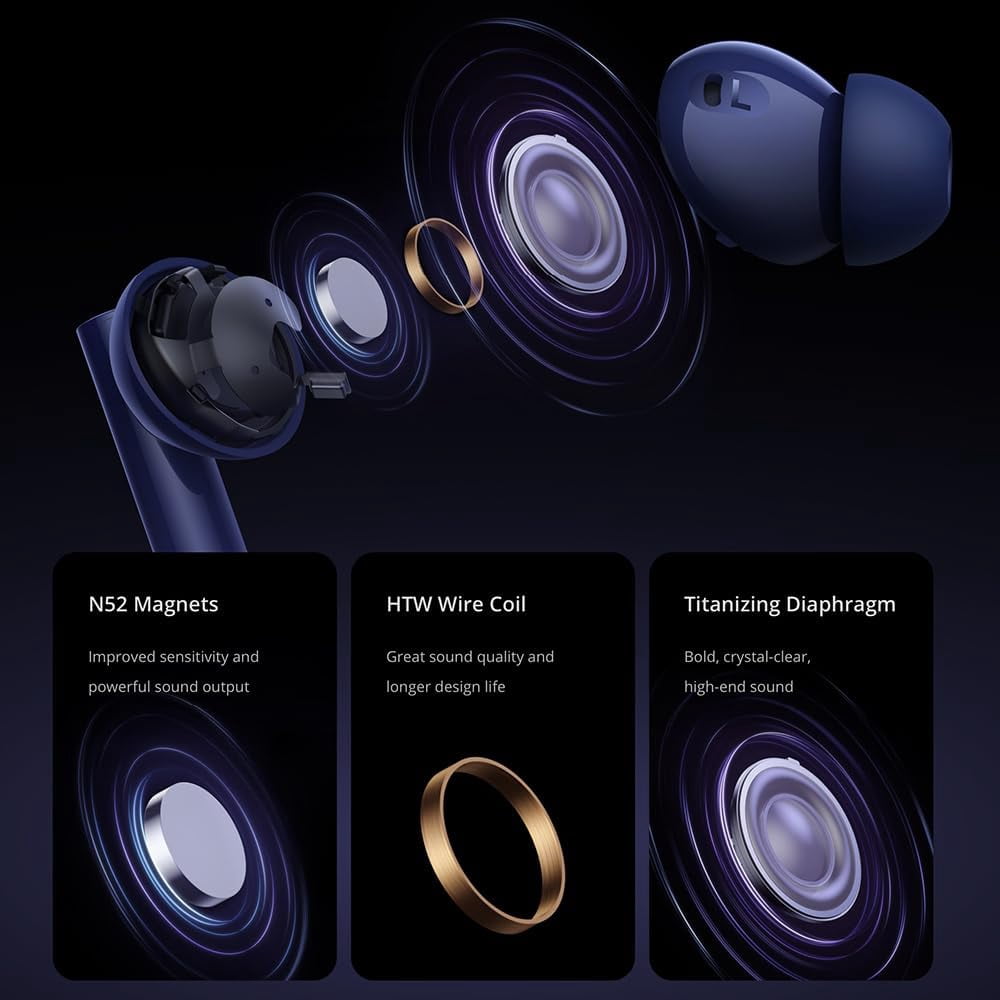 realme Buds Air 5 Truly Wireless in-Ear Earbuds with 50dB ANC, 12.4mm Mega Titanized Dynamic Bass Driver, Upto 38Hrs Battery with Fast Charging & 45ms Ultra-Low Latency for Gaming - (Blue)