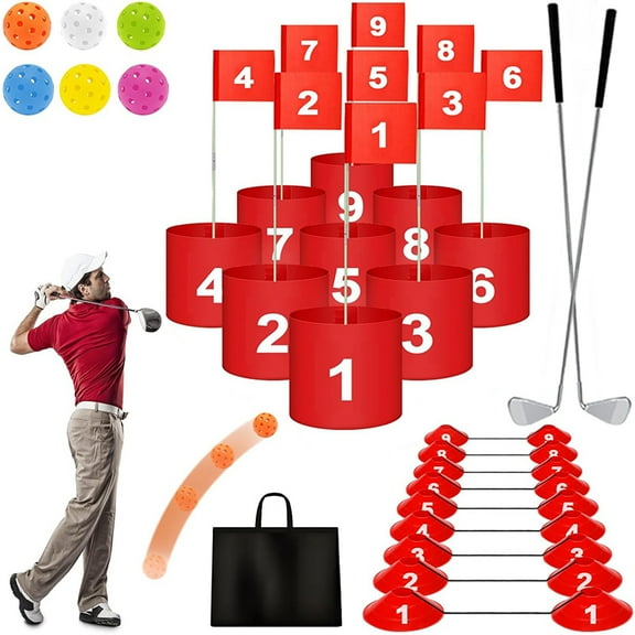 Bucket Golf Game, 9 PCS Backyard Golf Outdoor Game with 2 Clubs - Outdoor Golf Yard Game for Adults and Family, Beach, Camping, Lawn, Park, Yard