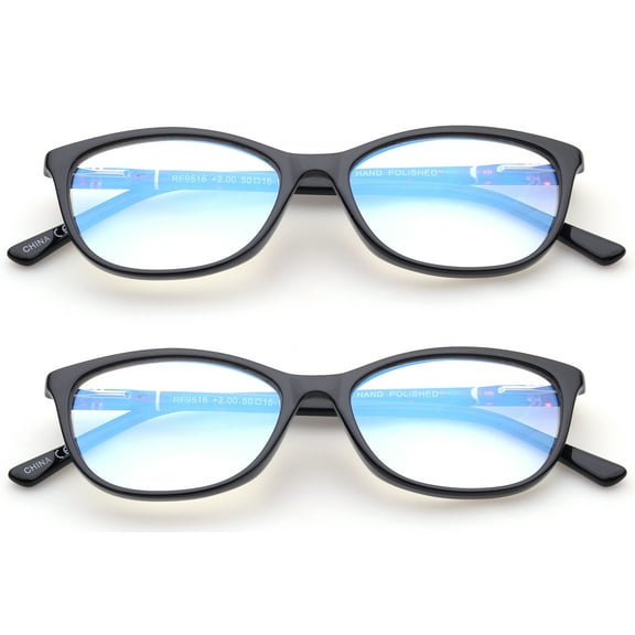 2 Pairs - Blue Ray Blocking Lens Light Weight Cateye Frame Acetate Spring Temple Computer Reading Glasses for Women, Reading Glasses 1.00 With Hard Case