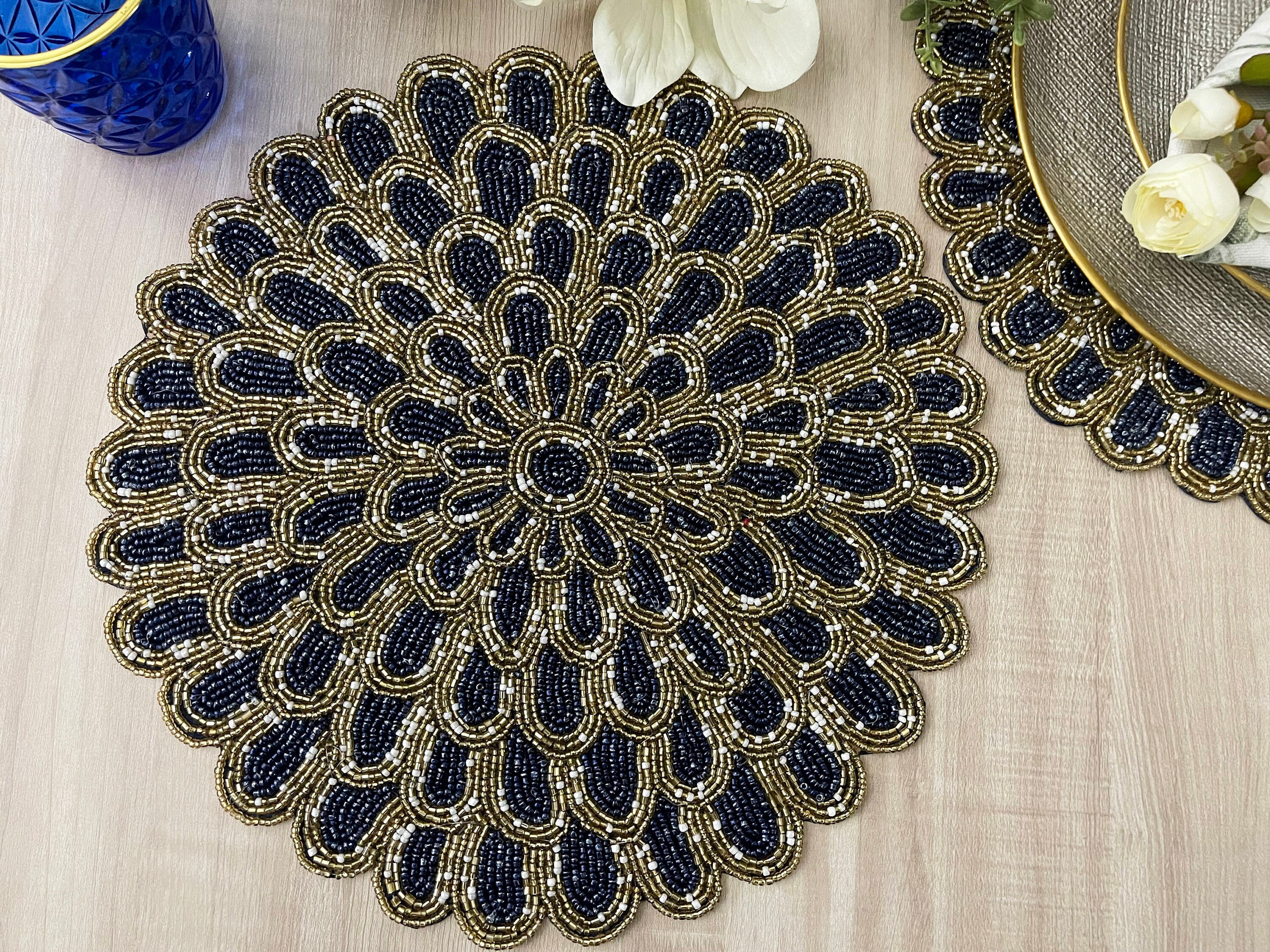 Set of 6, Handmade placemat, beaded round table placemat, Navy blue gold, 14 inch