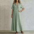 thumbnail image 4 of IUYRTFE Women's V Neck Short Sleeve Maxi Dress Cotton Linen Loose Fit Summer Casual Long Vacation Dress, 4 of 6