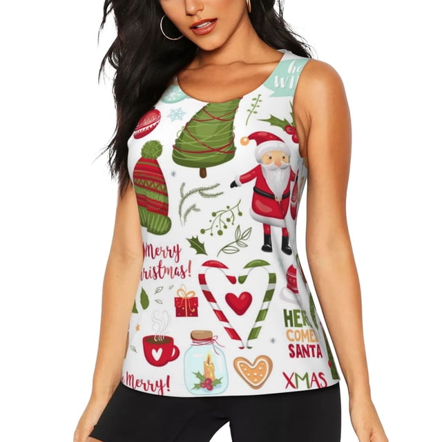 Balery Snowflakes Santa Claus Camiseta sin mangas estampada ligera para mujer, tops de entrenamiento sin mangas, camisetas de yoga transpirables de secado rápido.-X-Large