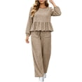 thumbnail image 3 of DYTTDG Women's Plaid Print 2-Piece Outfit Set | Long-Sleeve Crew-Neck Ruffle-Hem Top & Elastic Drawstring-Waist Pocket Wide-Leg Pants for Daily Casual Wear, 3 of 8