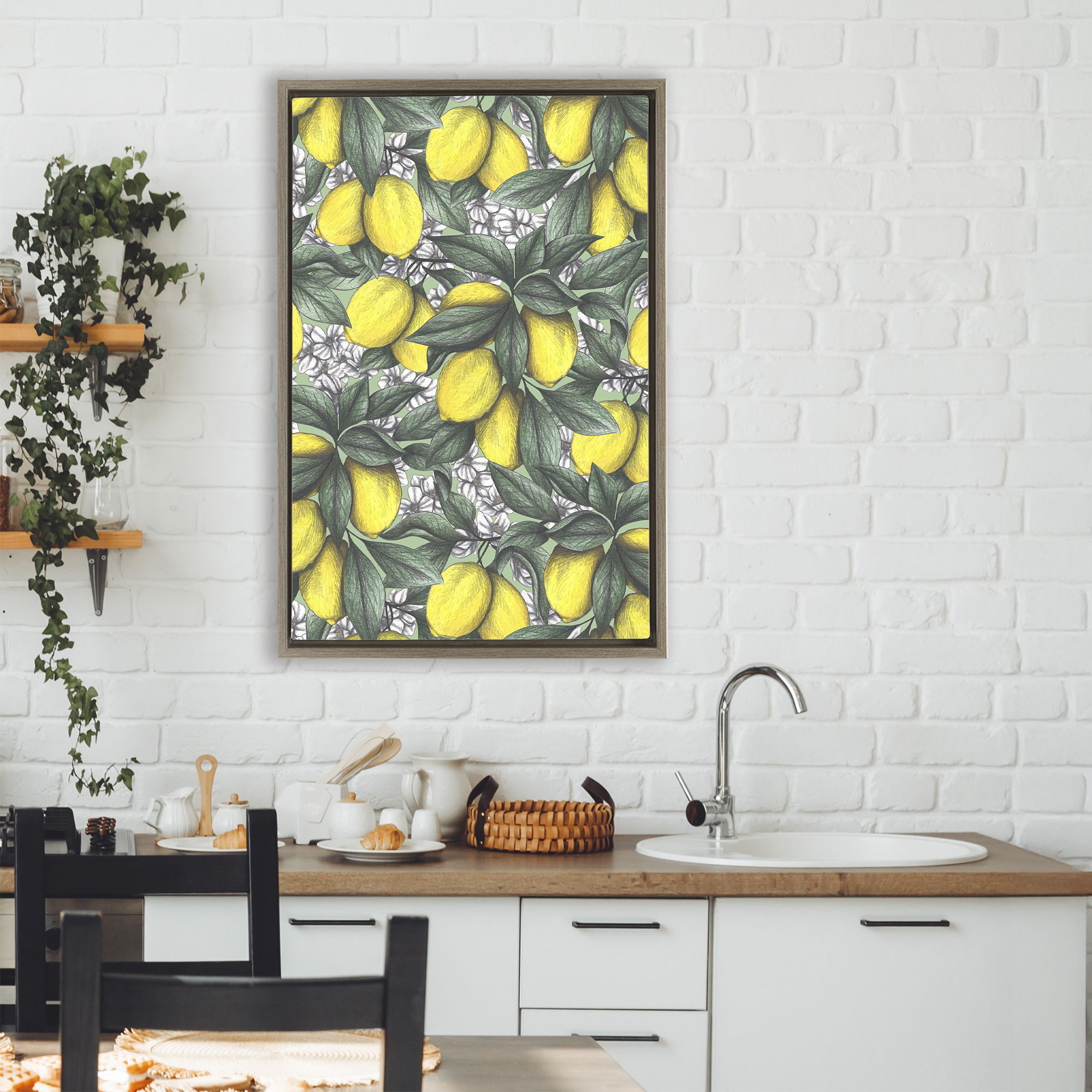 Under The Lemon Tree Brown Framed Floater Canvas Wall Art, design by Cecilia Battaini